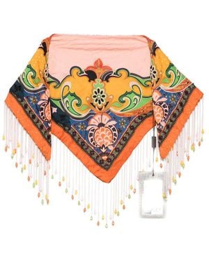 Etro Paisley-Print Beaded-Fringe Scarf - White