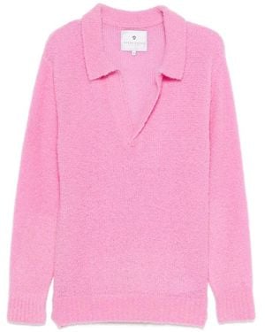 Seven Gauge Polo-Collar V-Neck Sweater - Pink