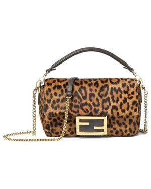 Fendi Mini Baguette Leopard-Print Chain Tote Bag - Brown