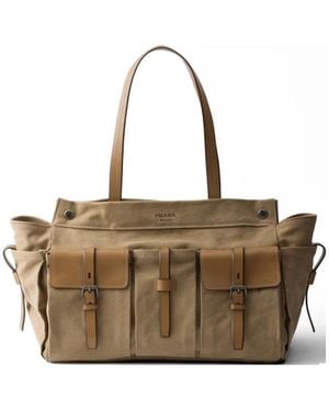 Prada Route Canvas And Leather Tote Bag - Brown