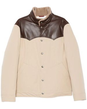 Brunello Cucinelli Shearling-Trim Leather-Yoke Jacket - Natural