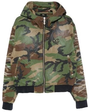 THUG CLUB Camouflage-Print Skull-Print Hooded Jacket - Green