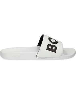 BOSS Italian-Made Slides With Large Logo Detail - White