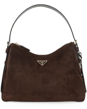Prada Logo-Plaque Suede Shoulder Bag - Brown
