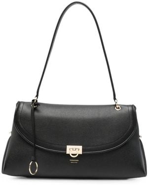 Ferragamo Gancini Pebbled Leather Tote Bag - Black