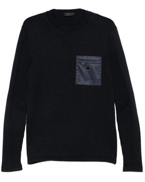 Prada Logo-Plaque Zip-Pocket Wool Sweater - Black