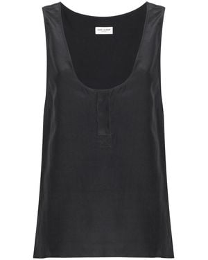 Saint Laurent Henley-Neck Silk Tank Top - Black