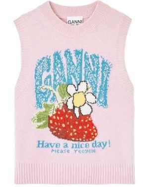 Ganni Vest With Strawberry - Pink