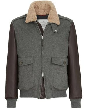 Brunello Cucinelli Bonded Cashmere Beaver Cloth And Nappa Leather Bomber Jacket With Thermore Padding And Detachable Shearling Collar - Gray