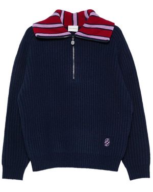 Drole de Monsieur Striped-Collar Quarter-Zip Jumper - Blue