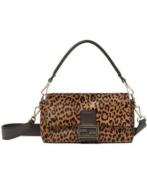 Fendi Baguette Leopard-Print Logo-Plaque Tote Bag - Brown