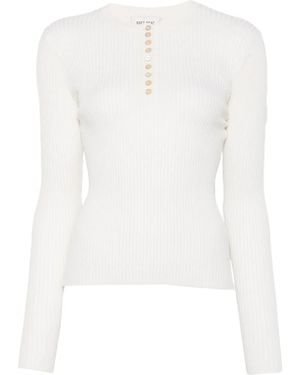 Soft Goat Ribbed-Knit Henley Top - White