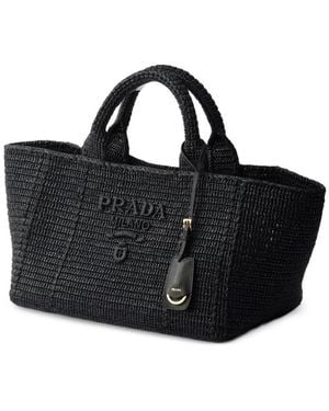 Prada Large Crochet Tote Bag With Leather Details - Black