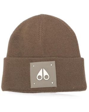 Moose Knuckles Logo-Patch Ribbed-Knit Beanie Hat - Brown