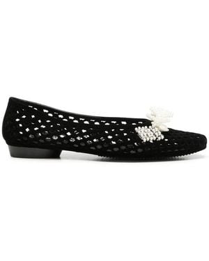 HEAVENLY JELLY Plush Pearl-Embellished Cut-Out Ballet Flats - Black