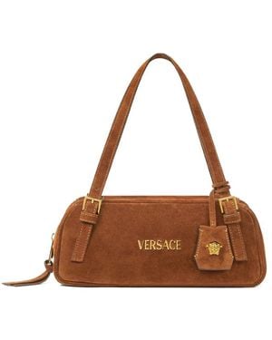 Versace Tag Suede Shoulder Bag - Brown