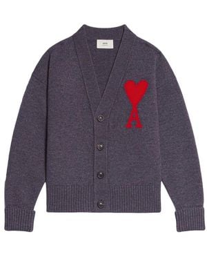 Ami Paris Logo-Intarsia Wool Cardigan - Blue