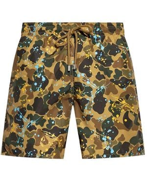 Palm Angels X Vilebrequin Paint-Splatter Print Swim Shorts - Green