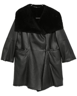 Emmeci Shearling-Collar Leather Coat - Black