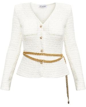 Self-Portrait Belted Bouclé-Effect Jacket - White