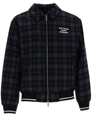 Drole de Monsieur Slogan Check-Pattern Slogan-Print Bomber Jacket - Black