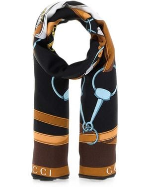 Gucci Equestrian-Print Gg Scarf - Blue