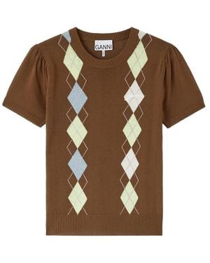Ganni Argyle-Pattern Puff-Sleeve T-Shirt - Brown