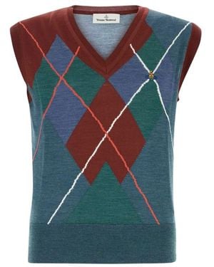 Vivienne Westwood Embroidered Wool Blend Argyle Vest - Blue