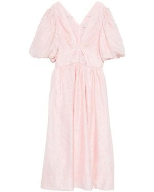 Sea Puff-Sleeve V-Neck Midi Dress - Pink