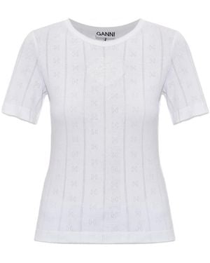 Ganni Pointelle-Knit Logo-Patch T-Shirt - White