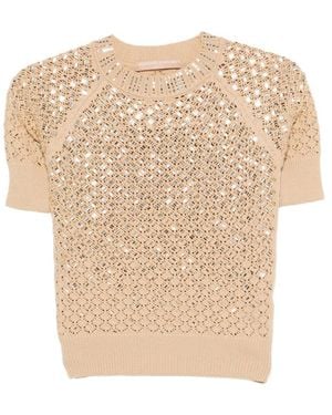 Ermanno Scervino Open Knit T-Shirt With Elbow-Length Sleeves - Natural