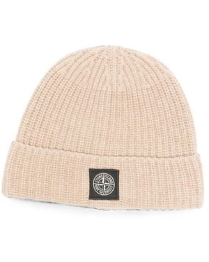 Stone Island Logo-Patch Beanie Hat - Natural