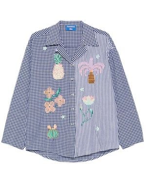 SUSANNA BLU Gingham Striped Embroidered Shirt - Blue
