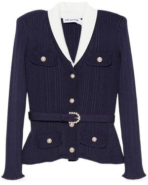 Self-Portrait Belted Ribbed-Knit Cardigan - Blue