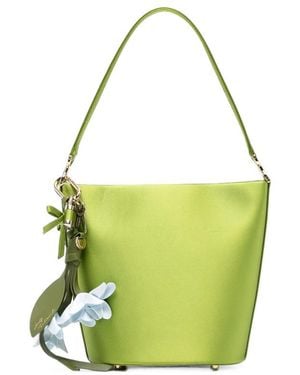 Self-Portrait Floral-Charm Satin Bucket Bag - Green