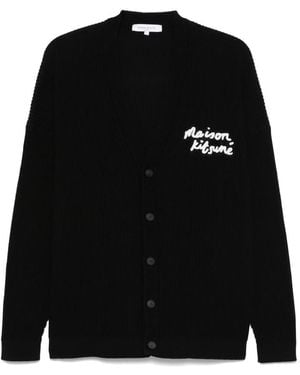 Maison Kitsuné Handwriting-Embroidered Ribbed Cardigan - Black