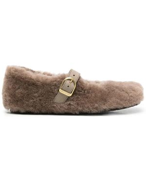 Birkenstock Santa Clarita Shearling-Trim Buckle-Strap Ballet Flats - Brown