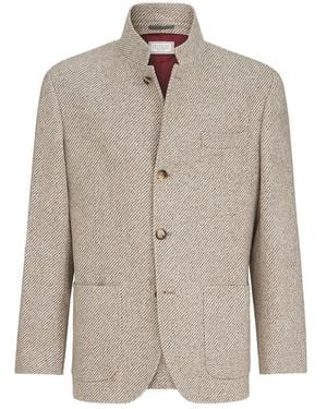 Brunello Cucinelli Cashmere And Silk Diagonal Outerwear Blazer With Patch Pockets - Natural