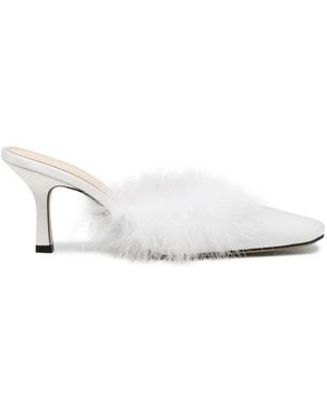 Mach & Mach Carolyn B Feather-Trim Square-Toe Mules - White