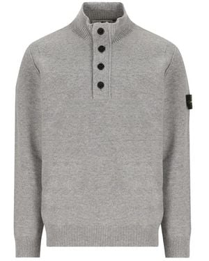 Stone Island Button-Up High-Neck Jumper - Grey