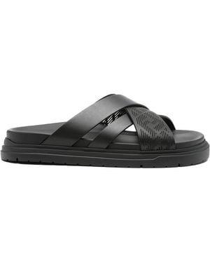 Fendi Cross-Strap Leather Slides - Black