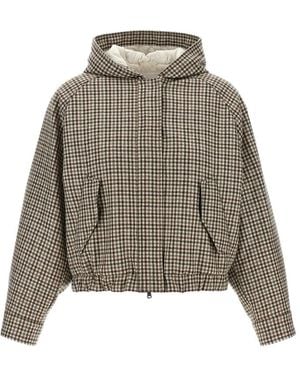 Brunello Cucinelli Shiny Zipper Pull Check-Print Jacket - Grey