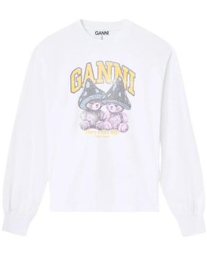 Ganni Long-Sleeve T-Shirt With Mushroom Teddy - White