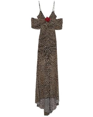 Blumarine Leopard-Print Brooch-Detail Maxi Dress - Brown