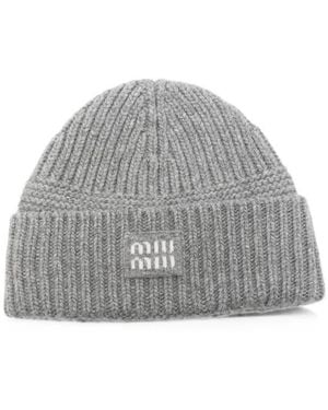 Miu Miu Logo-Patch Ribbed-Knit Wool Beanie - Gray