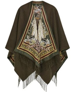 Ferragamo Feline Print Cashmere And Silk Reversible Cape - Green