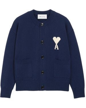 Ami Paris Ami De Coeur Intarsia Crewneck Cardigan - Blue
