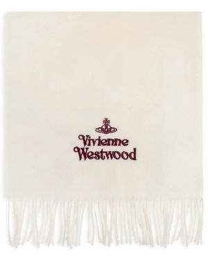 Vivienne Westwood Embroidered-Logo Fringed Scarf - White