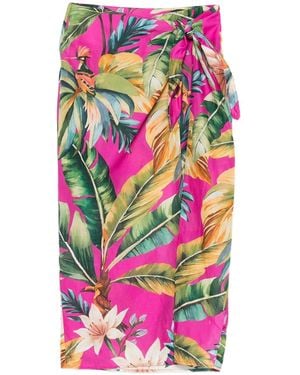 FARM Rio Floral Print Draped High-Waisted Midi Skirt - Pink