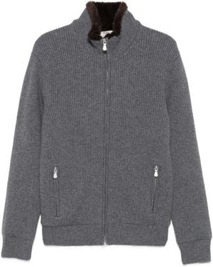 Barba Napoli Fur-Trim Ribbed-Knit Jacket - Grey